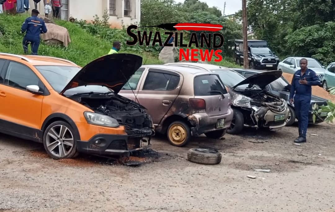 Solidarity Forces burn cars at Mbabane police camp after shooting of civilians.