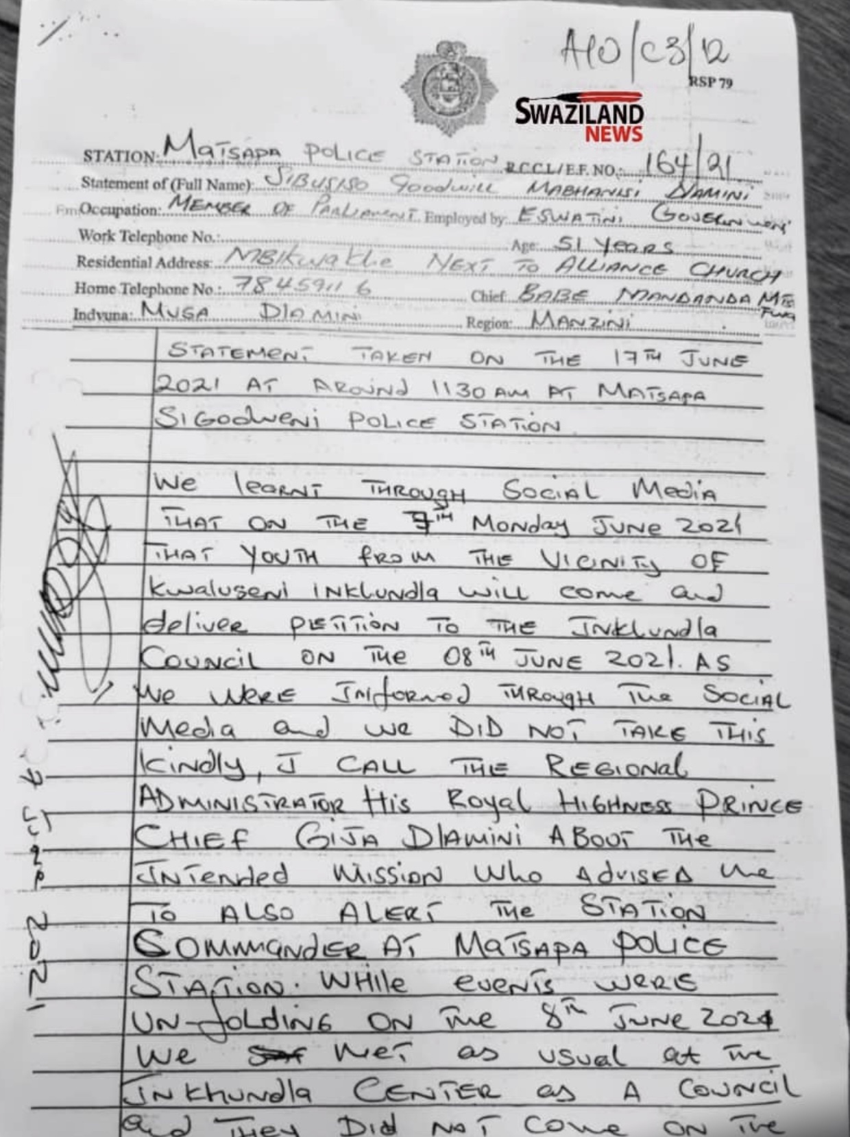 MP Mabhanisi to testify against incarcerated pro-democracy MPs, says Wandile Dludlu threatened to bomb his home.