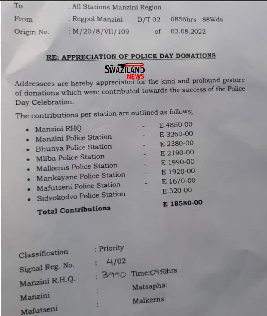 Junior police officers refuse to contribute R500,000.00 for Mswati’s Police Day, only R18,000.00 collected in Manzini region.