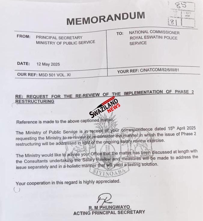 BREAKING NEWS:King Mswati orders National Commissioner to address Phase two(II) salary increment for junior police officers, Public Service Ministry confirms matter being addressed.