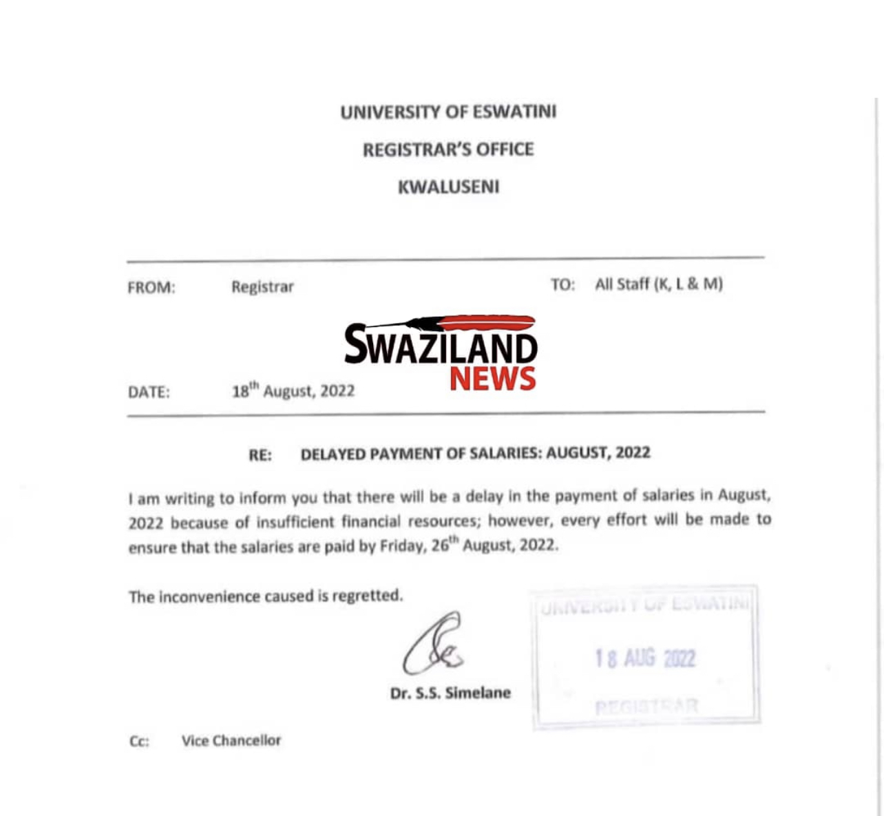  University of Eswatini(UNESWA) to delay salaries amid financial constraints.