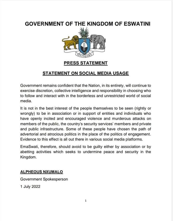 Eswatini government warns citizens against following individuals, entities that encouraged violence on social media