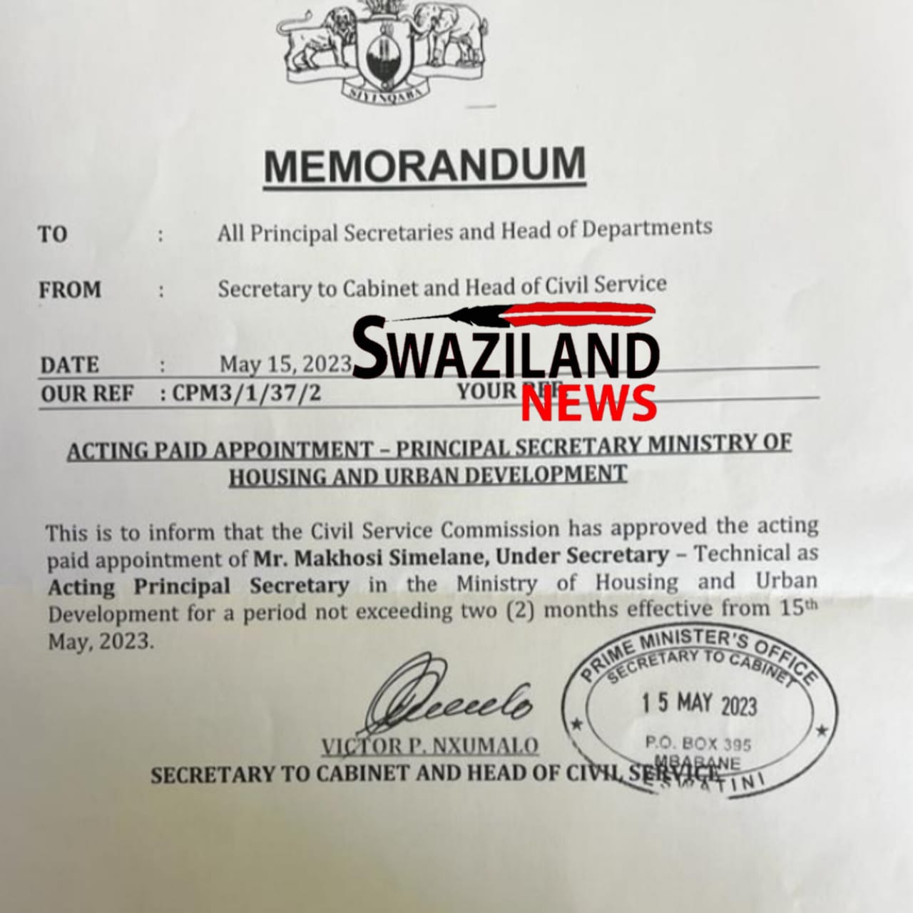 Urban Development Principal Secretary(PS) Clifford Mamba gone,Makhosi Simelane is Acting PS.