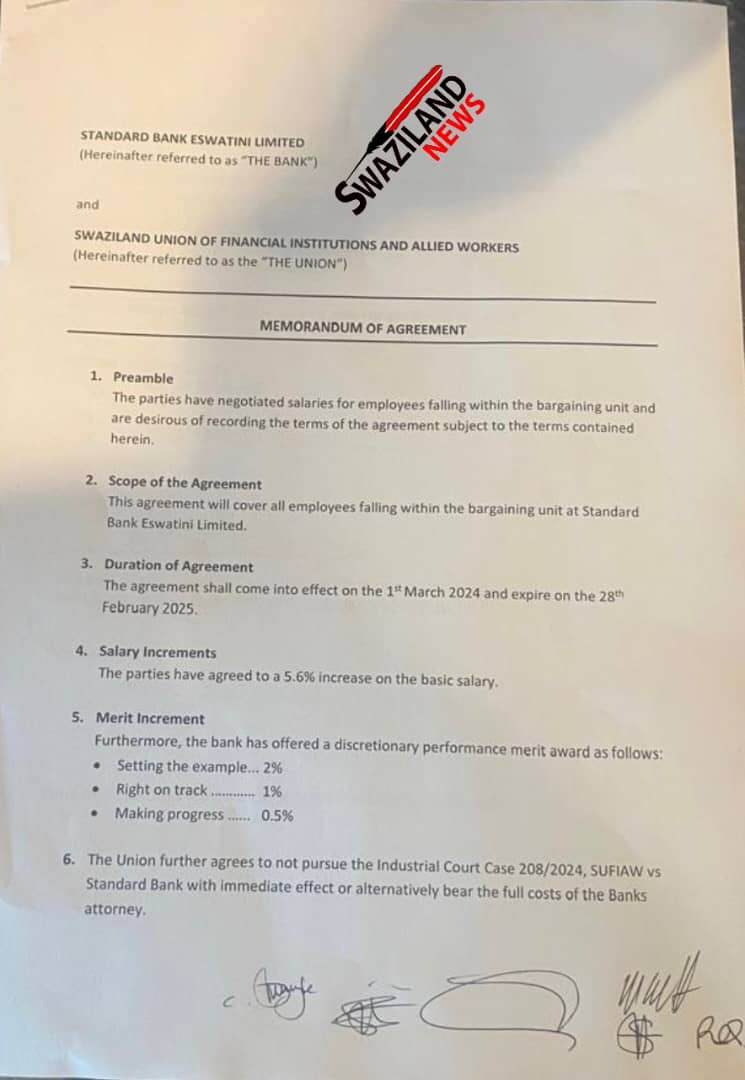 Standard Bank Eswatini, workers union sign 5.6% Cost of Living Adjustment(COLA) Memorandum of Agreement to end strike action.