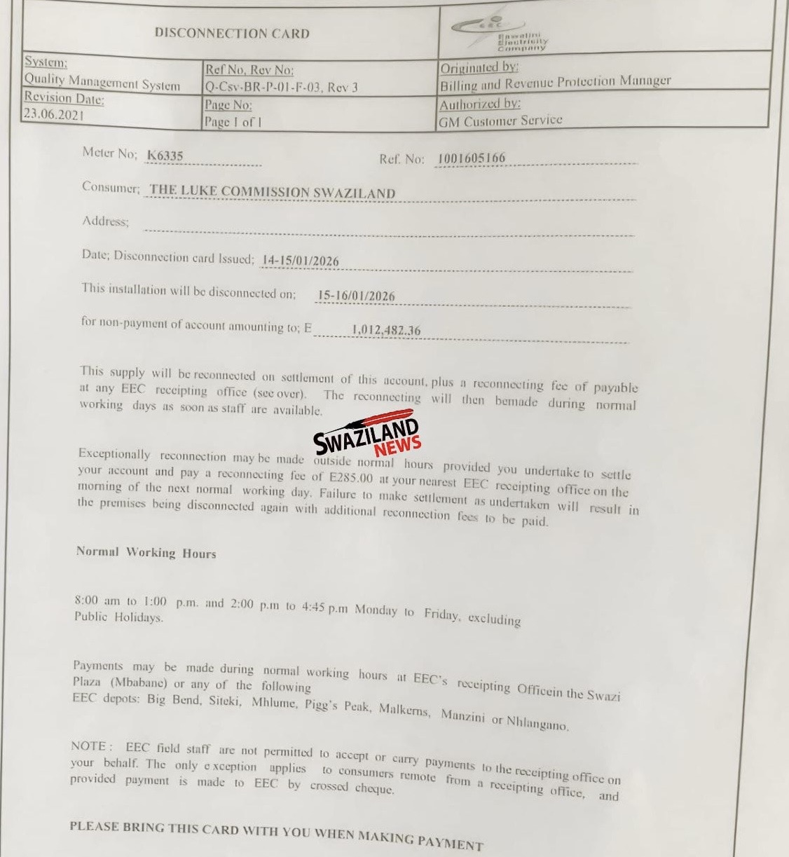 BREAKING NEWS:Eswatini Electricity Company (EEC) to disconnect power from The Luke Commission thretening hundreds of lives as Prime Minister refuses to release R50million subvention approved by Parliament, hospital owing over R1million.