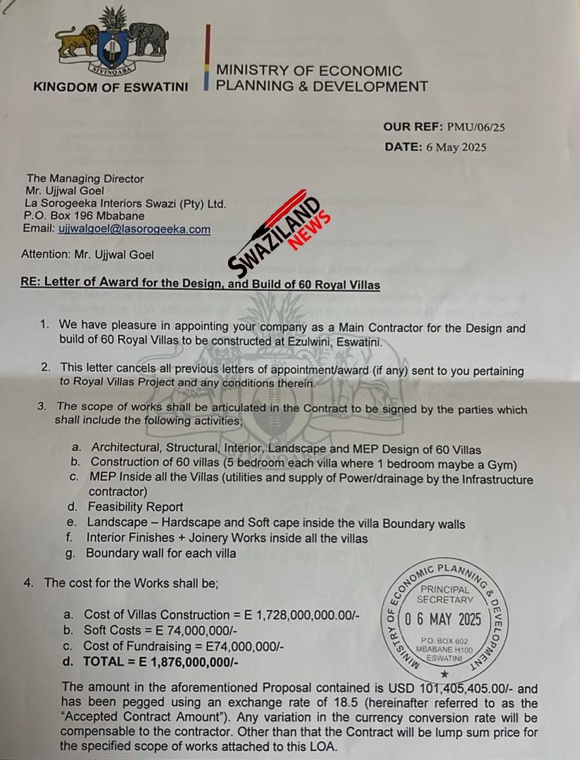 REVEALED:Documents expose Economic Planning Principal Secretary Thabsile Mlangeni awarding about R2billion Presidential Villas construction tender to SwaziPharm Director Kareem Ashraff’s company even before approaching Tender Board.