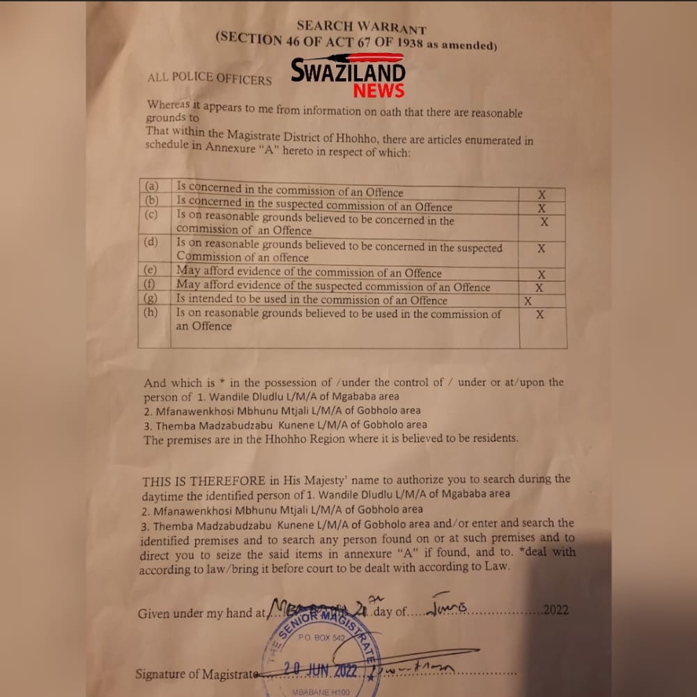 Mswati’s police raids PUDEMO Secretary General Wandile Dludlu home in search for firearms.