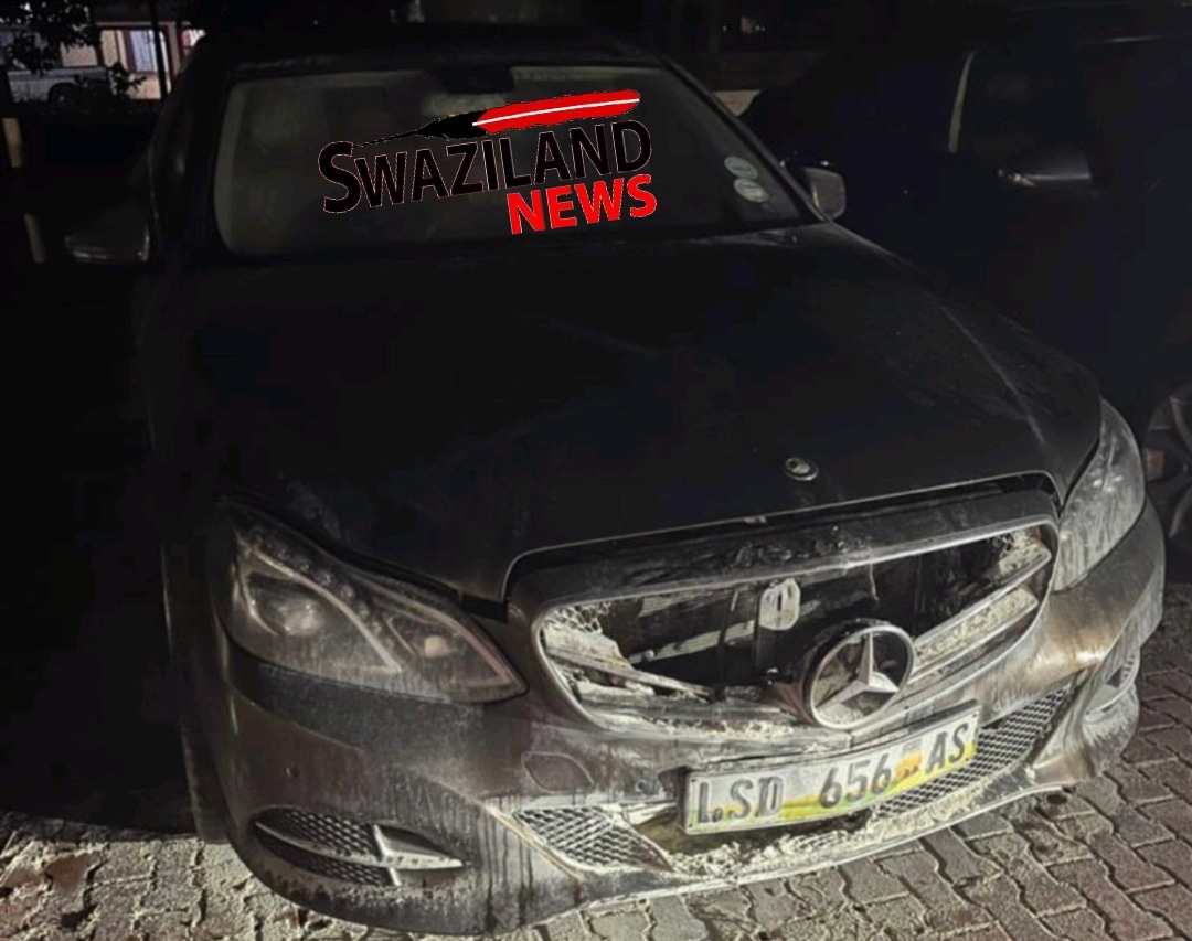 MSWATI’S ORDER: Sive Siyinqaba’s Ngomyayona Gamedze’s Mercedes Benz burnt.