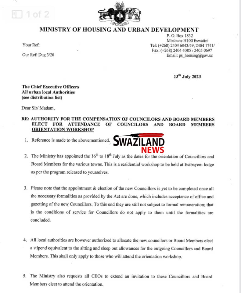 URBAN DEVELOPMENT MINISTRY ACTING PRINCIPAL SECRETARY WRITES TO MUNICIPALITIES CEOs:Pay un-gazetted new Councillors workshop allowances.
