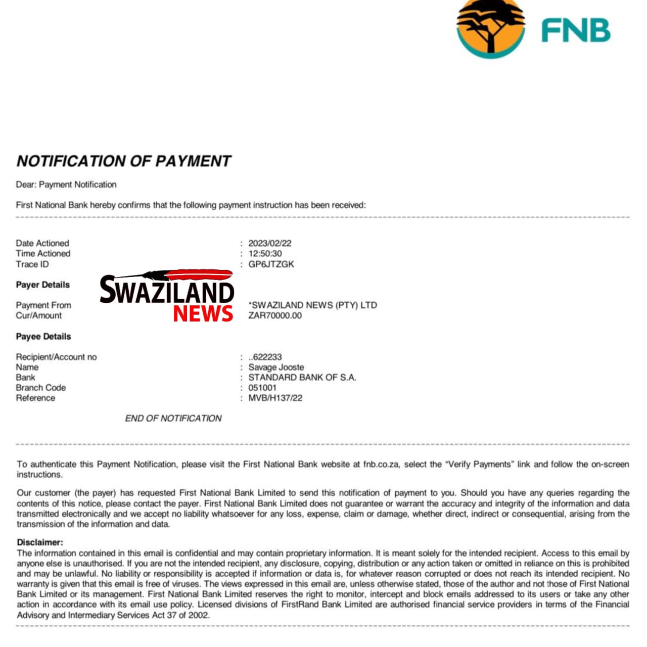 Editor pays R70,000.00 legal costs to King Mswati’s Advocates.