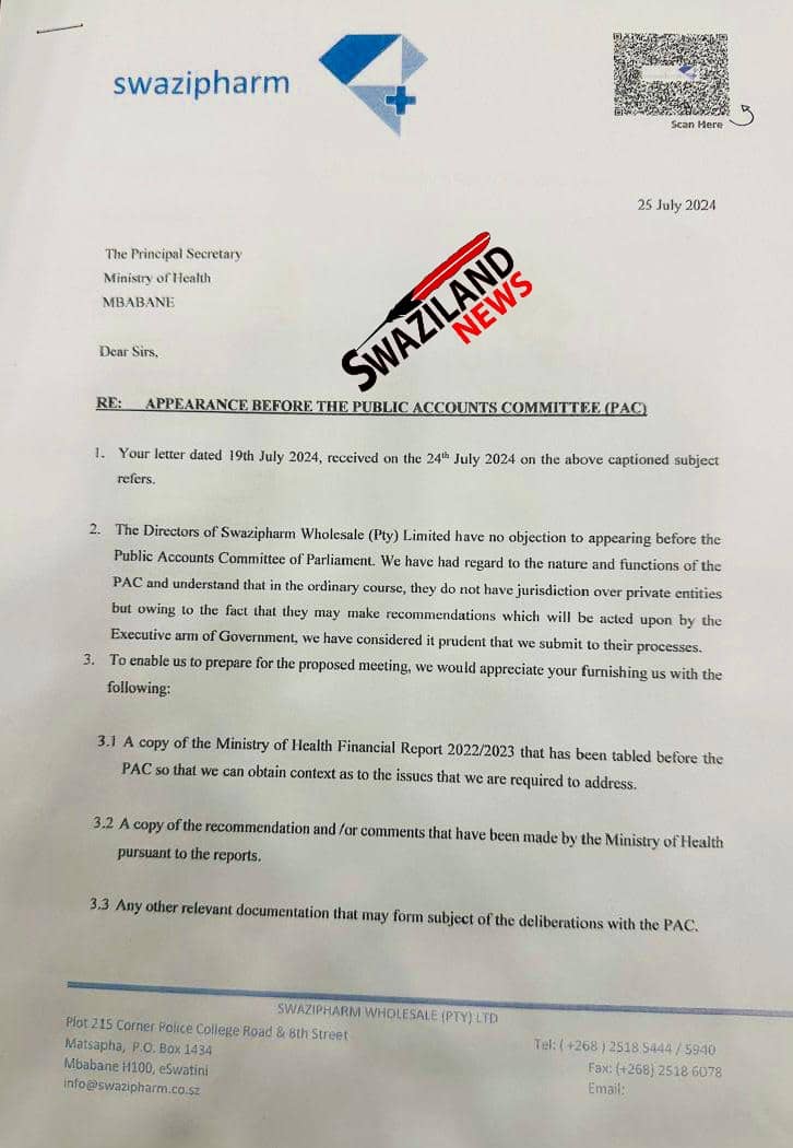 MULTIBILLION DRUGS SHORTAGE CORRUPTION:Swazipharm Director Kareem Ashraff’s systematic refusal to appear before Parliament PAC,writes to PS demanding reasons why he is being summoned.