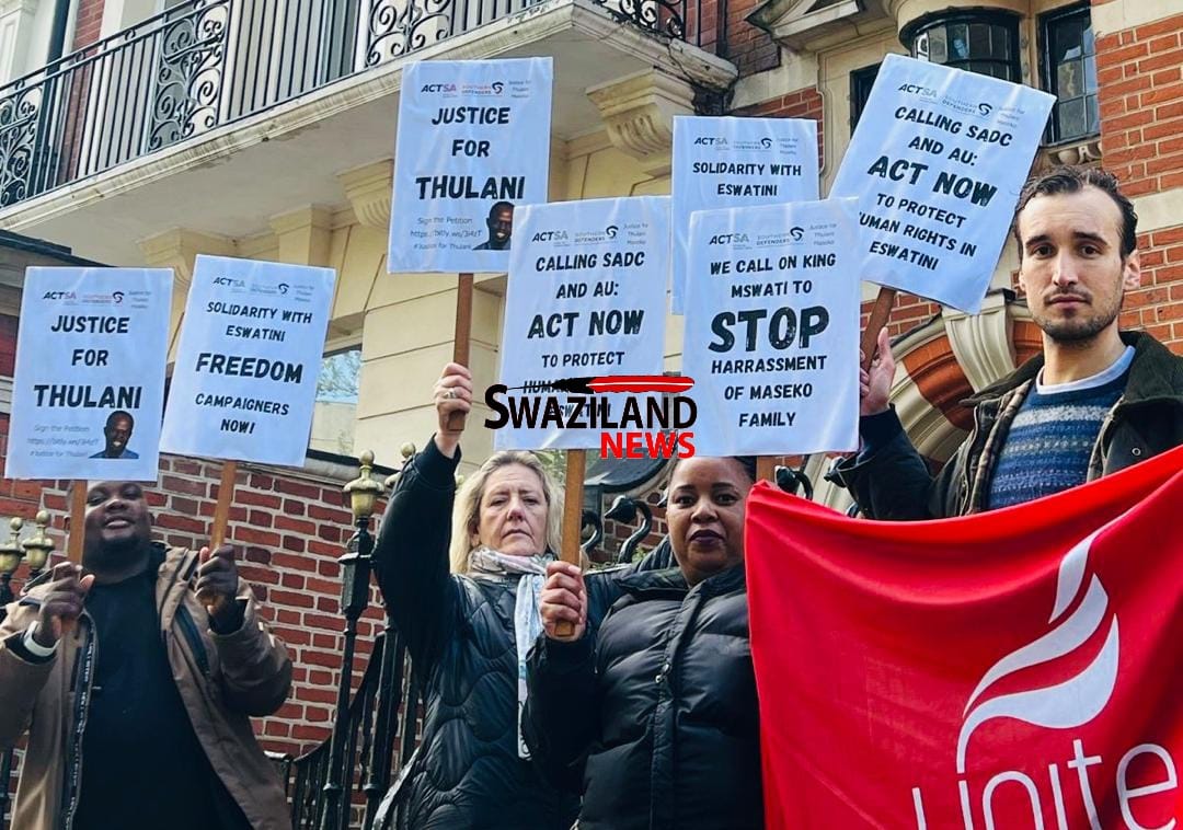 Action for Southern Africa(ACTSA), Human Rights Defenders protest outside eSwatini United Kingdom(UK) Embassy on King Mswati’s birthday amid human rights violations.