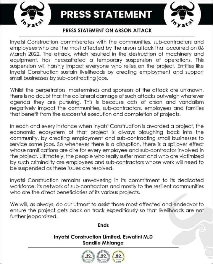 Royal linked Inyatsi Construction suspends operations after bombing by Solidarity Forces.