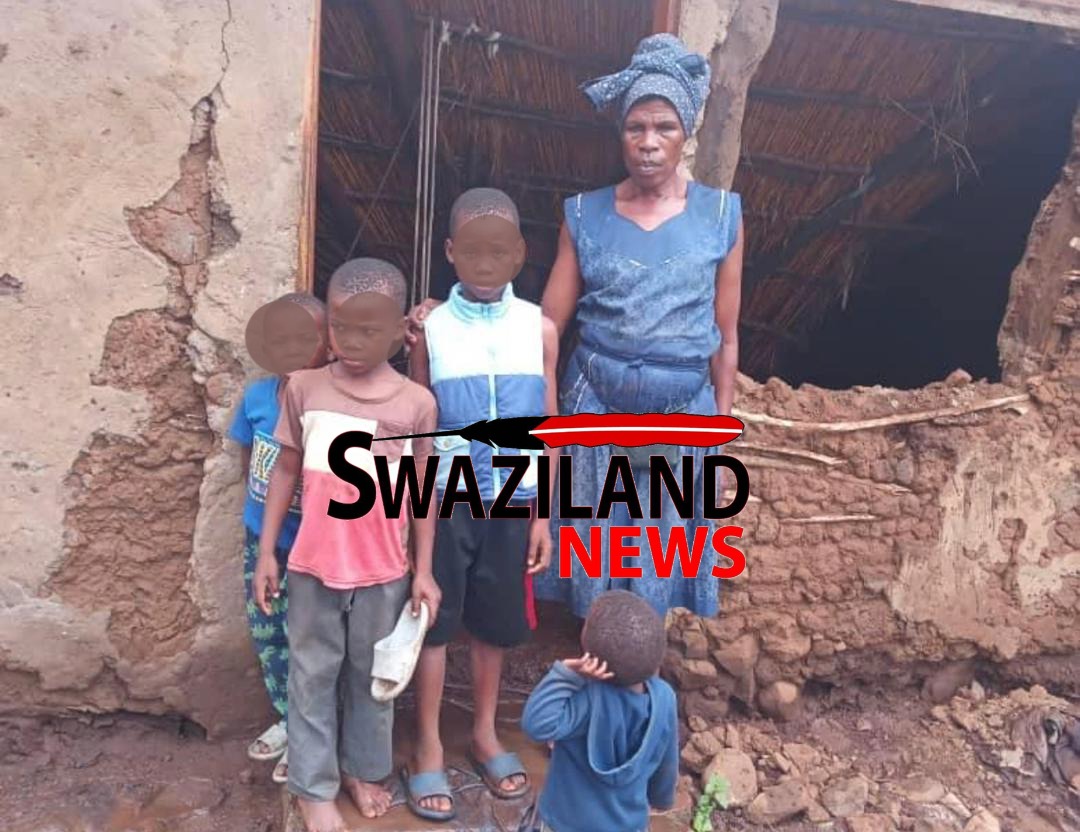 Member of Mswati’s Lutsango Lwabomake regiment LaGadlela homeless, stick and mud house destroyed by floods.