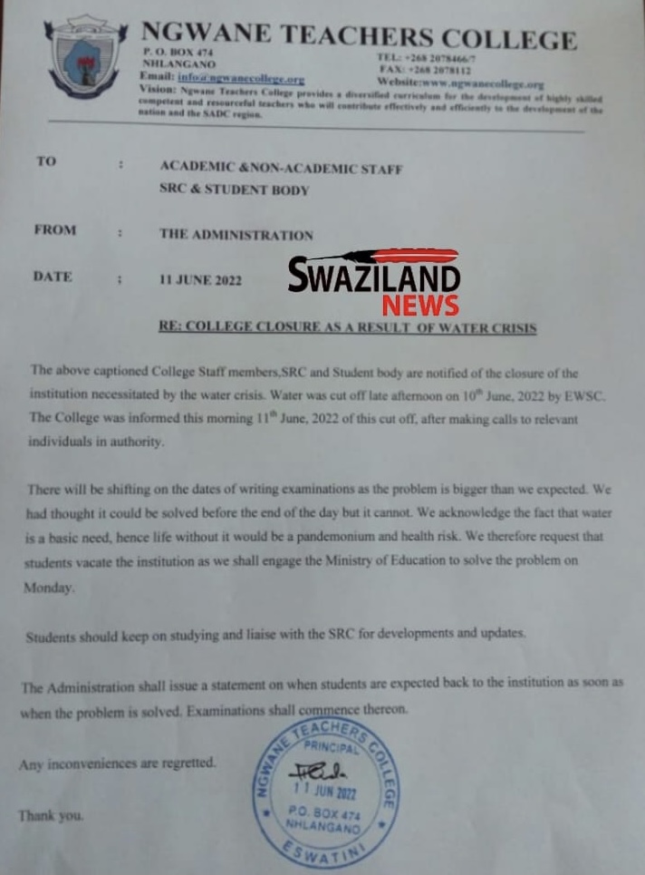 Exams postponed at Ngwane College amid water crisis, Education PS says government working towards resolving situation.