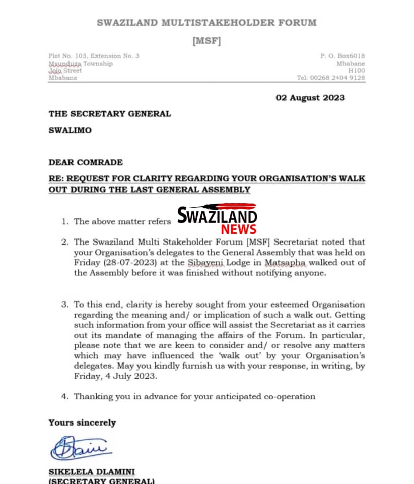 MSF demands answers from SWALIMO why members walked out of General Assembly at eSibayeni Lodge after lawyer Sicelo Mngomezulu was elected as Chairperson.