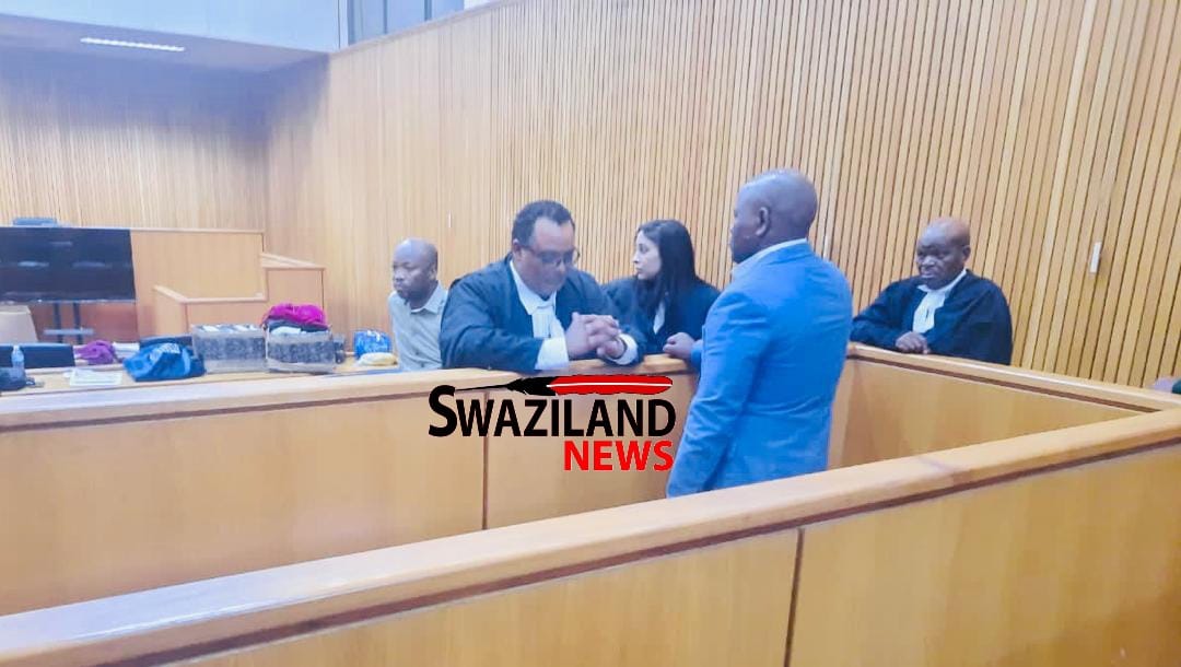 Convicted eSwatini pro-democracy MPs Bacede Mabuza and Mthandeni Dube in court with South African senior Advocate Myron Dewrance for mitigation.