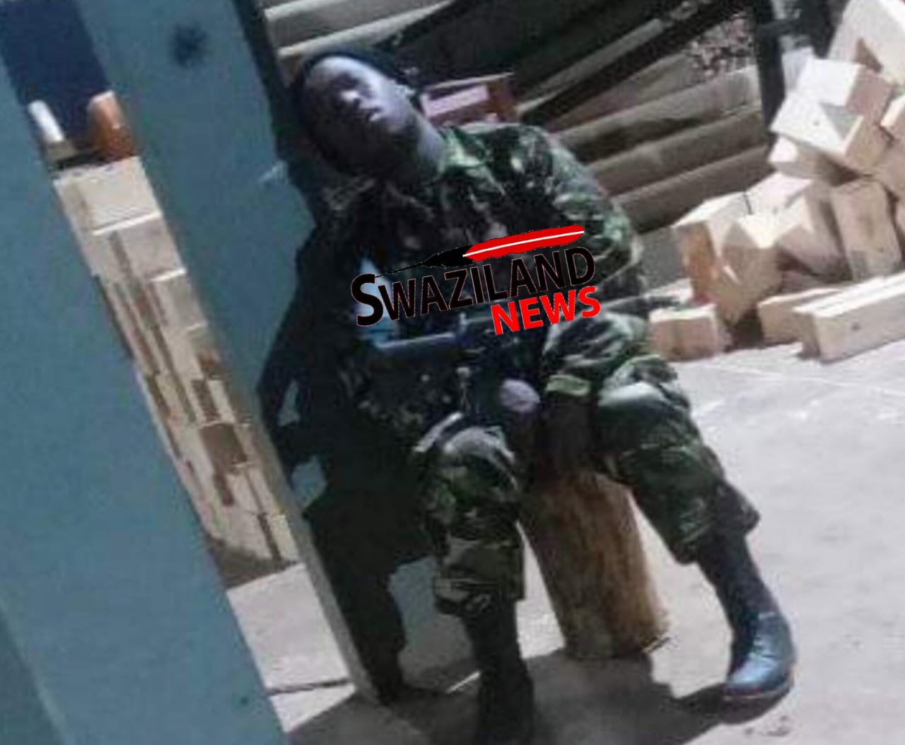 Armed Mswati’s soldier falls asleep while camping for Solidarity Forces at Finance Minister’s Montigny timber company 