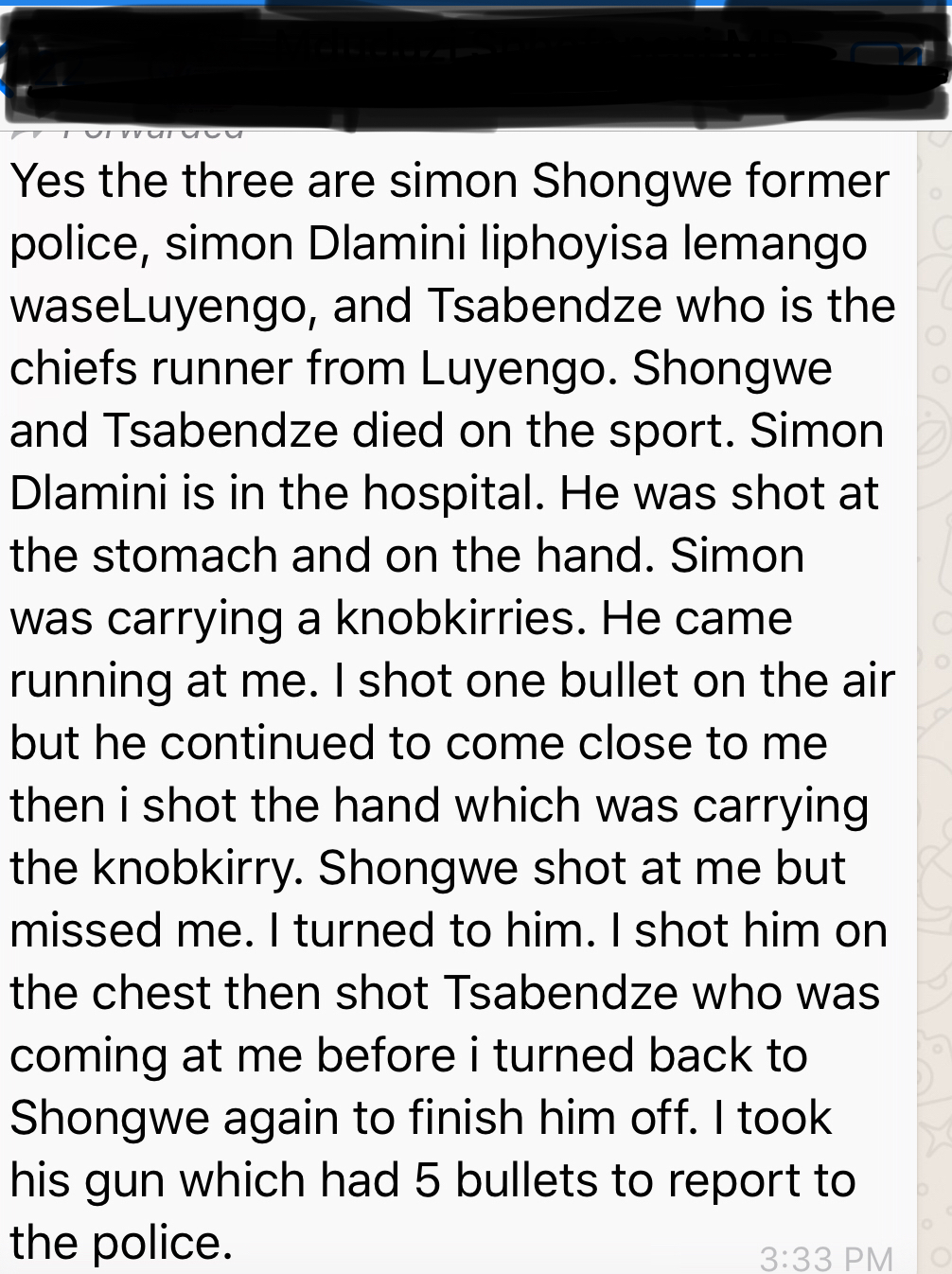 Ex-Minister Ntuntuko’s leaked Whatsap messages: The dramatic land dispute shooting and the names of deceased. 