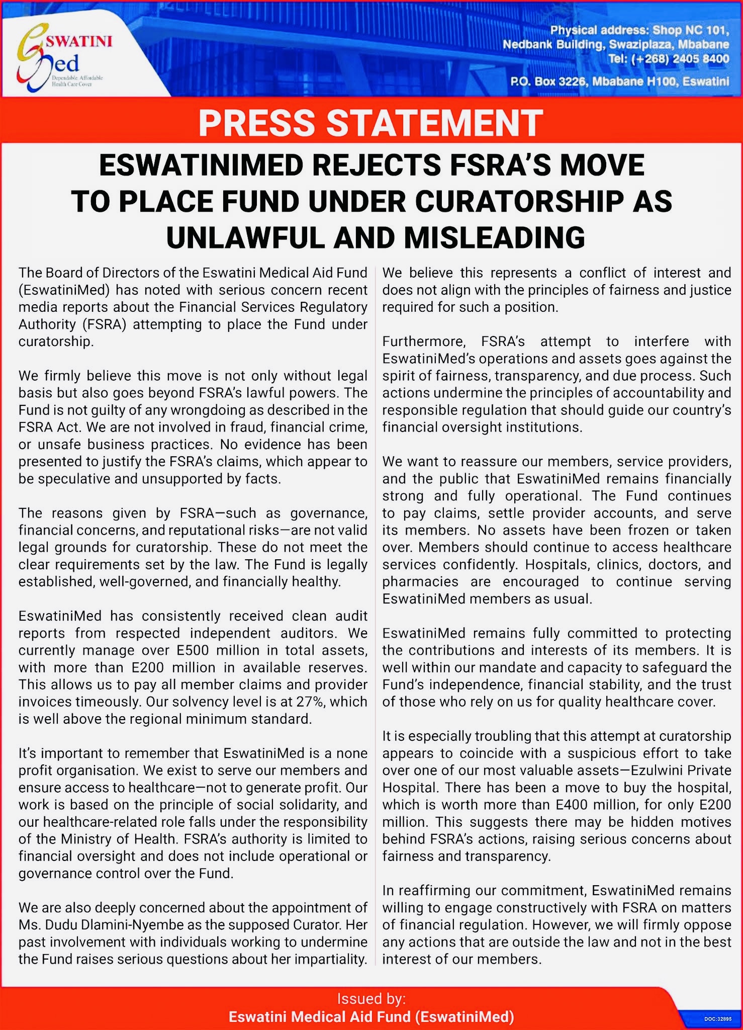 SwaziMed Chief Executive Officer(CEO) Peter Simelane writes to Financial Services Regulatory Authority(FSRA), rejects moves to place Fund under curatorship.