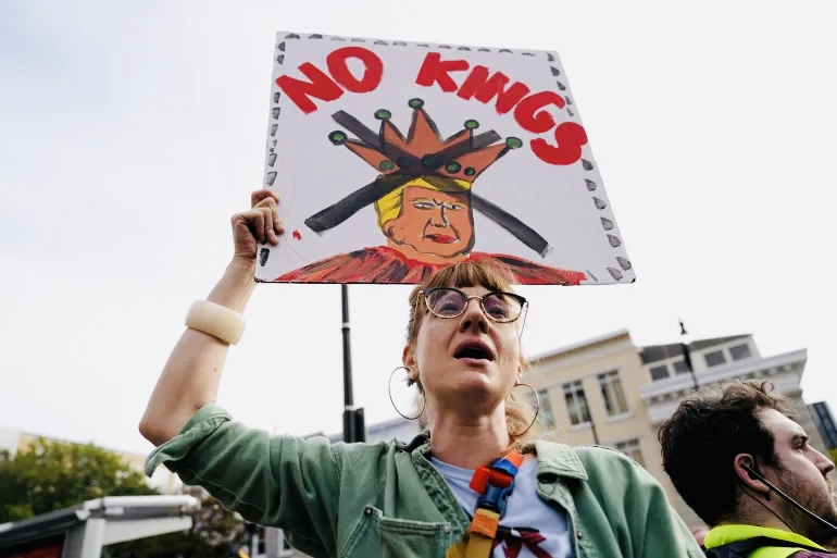 Millions protesting in the United States, accusing President Donald Trump of plotting to become the King of America.