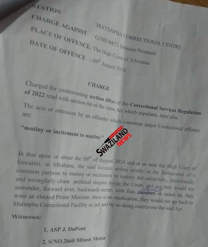 Incarcerated alleged Solidarity Forces member Sibusiso Nxumalo, others charged and found guilty by Correctional Services for demanding an elected Prime Minister, drugs in public hospitals.