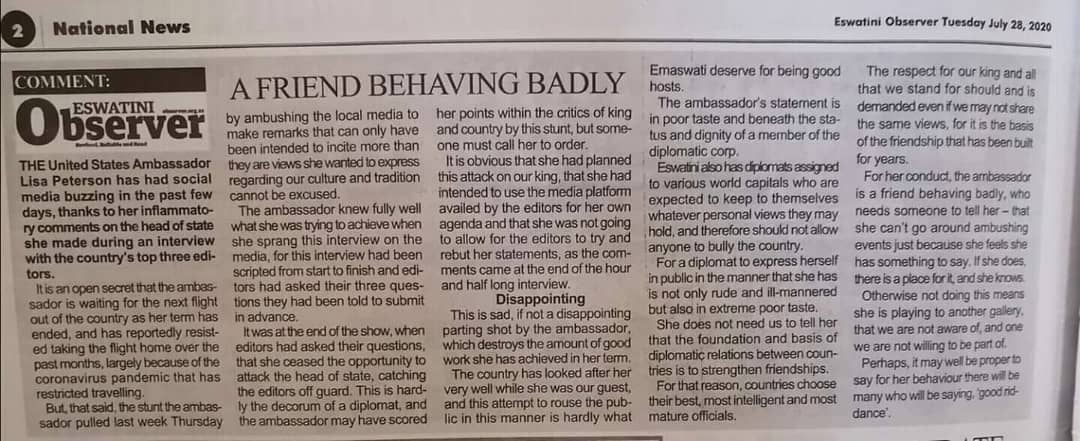 Under pressure Observer editor Mbingo takes on US Ambassador for questioning Mswati’s extravagant spending.