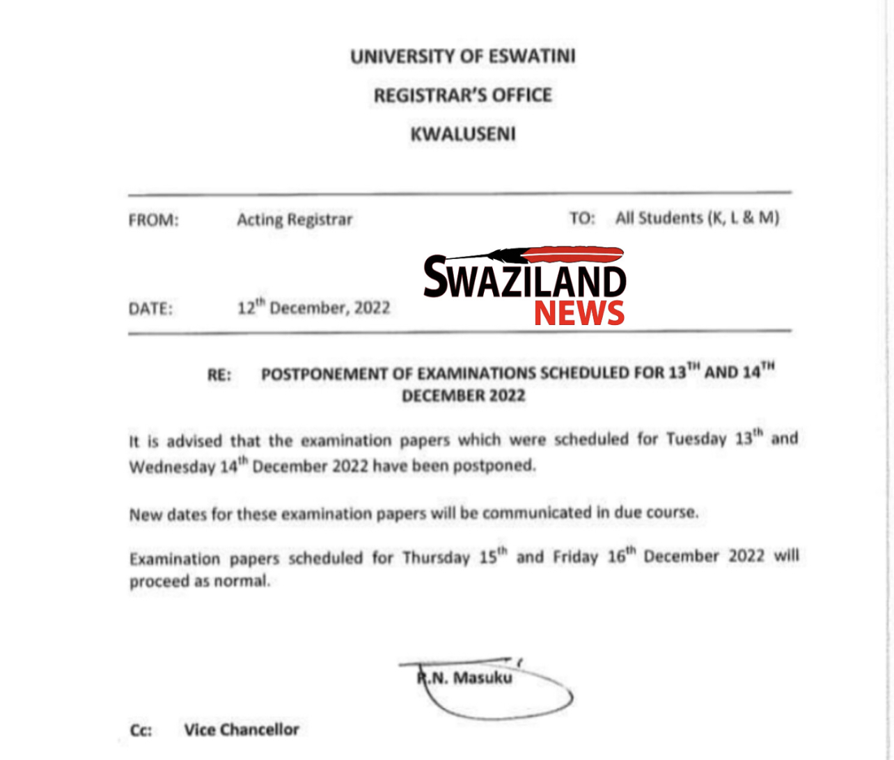 NATIONAL SHUTDOWN:University of Eswatini exams postponed.